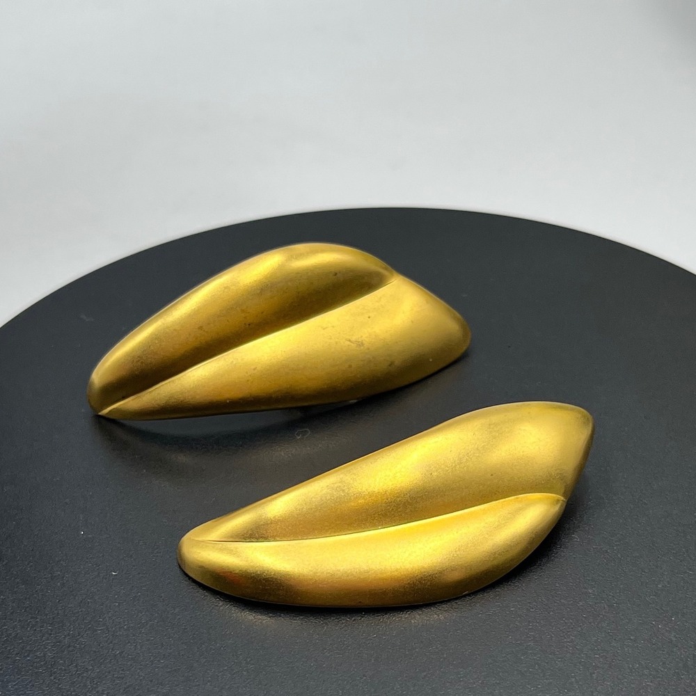 Vintage Brushed Matte Gold Large Leaf Abstract Runway Clip on Earrings